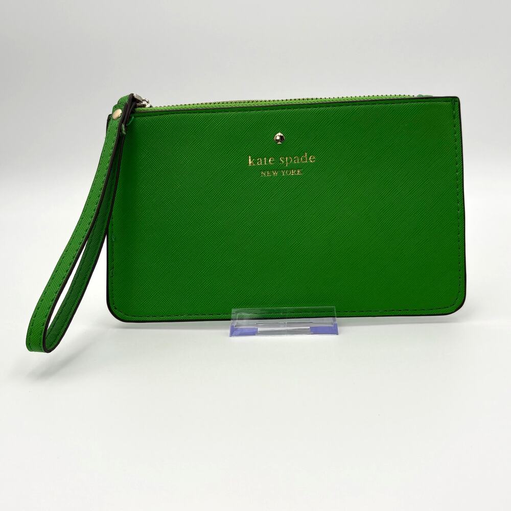 Kate Spade New York Designer Green Saffiano Wristlet Zip Pouch Clutch Wallet